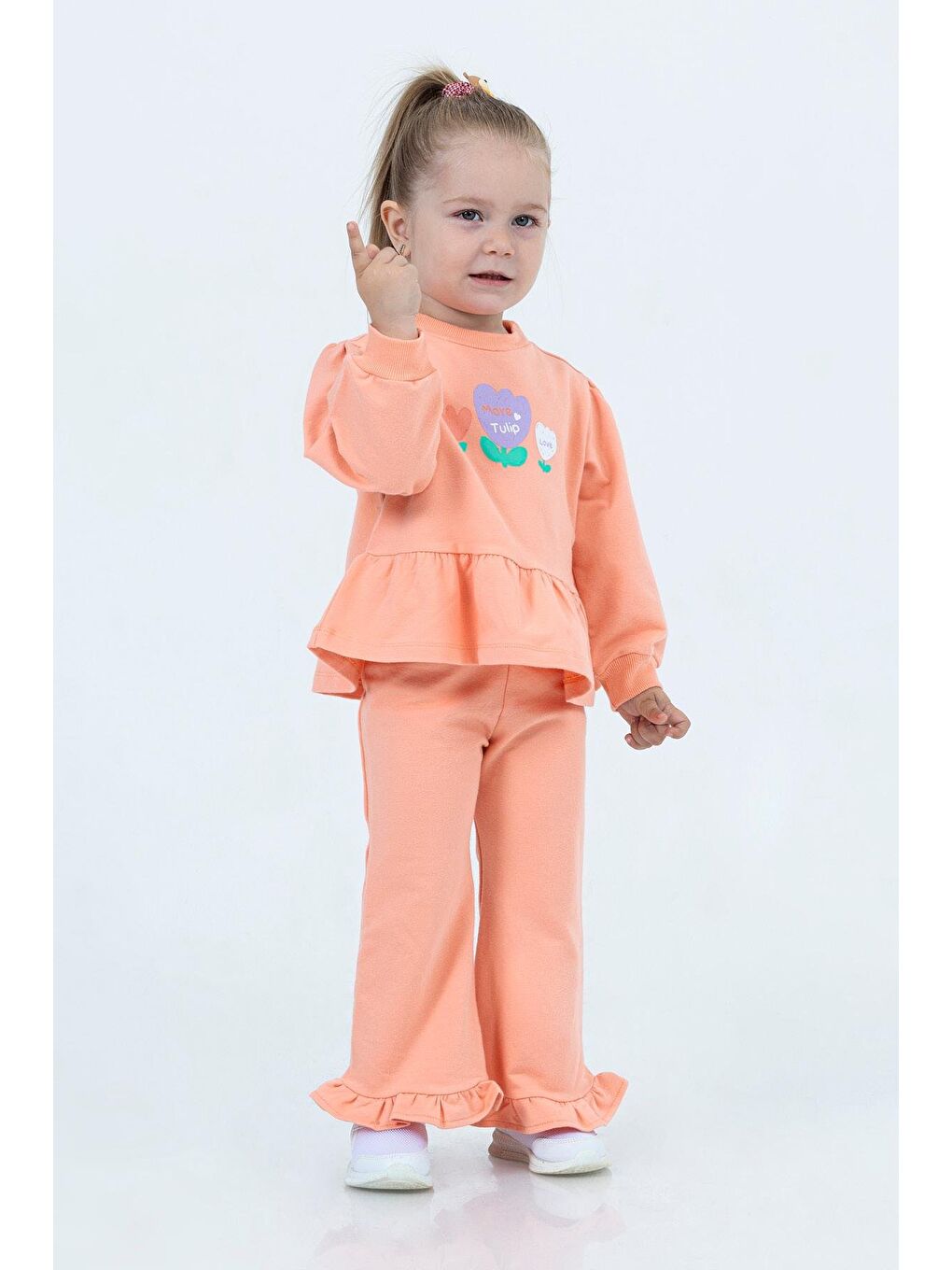 Turuncu Kışlık Pamuklu Çiçek Desenli Sweatshirt Eşofman Alt-Üst Takım Kız Çocuk-2