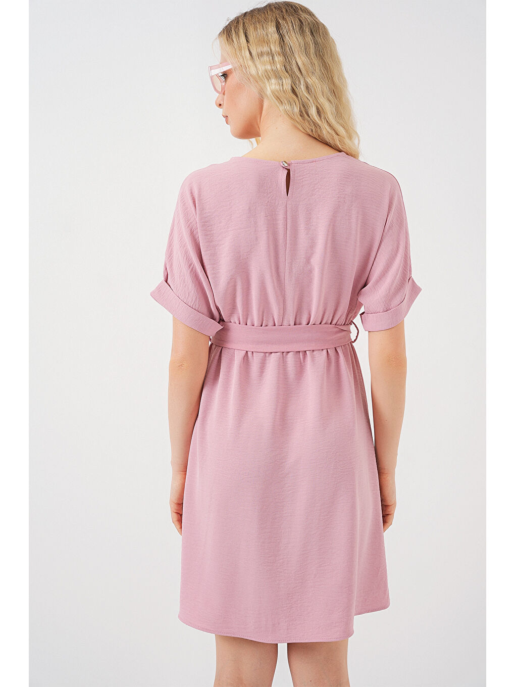 Pembe Kadın Kısa Kol Mini Ayrobin Elbise 2572 - Pudra-5