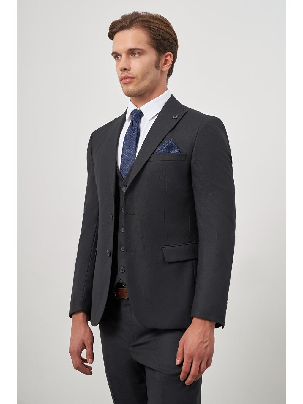 Koyu Lacivert Kılıç Yaka Yelekli 6 Drop Slim Fit Classic Takım Elbise 1001245155-5