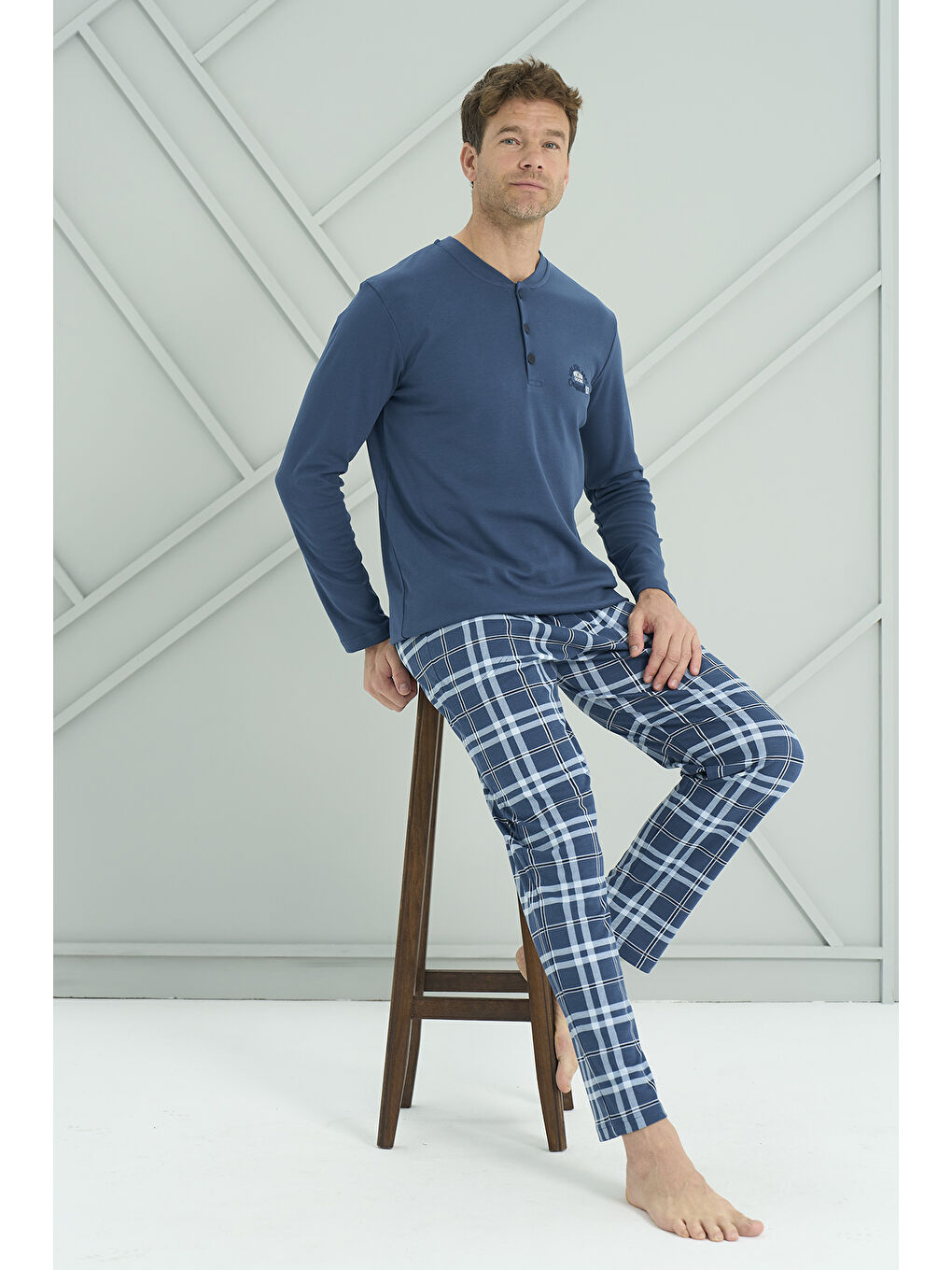 Erkek Interlok Penye Uzun Kol Pijama Takımı 2234 Petrol03-2