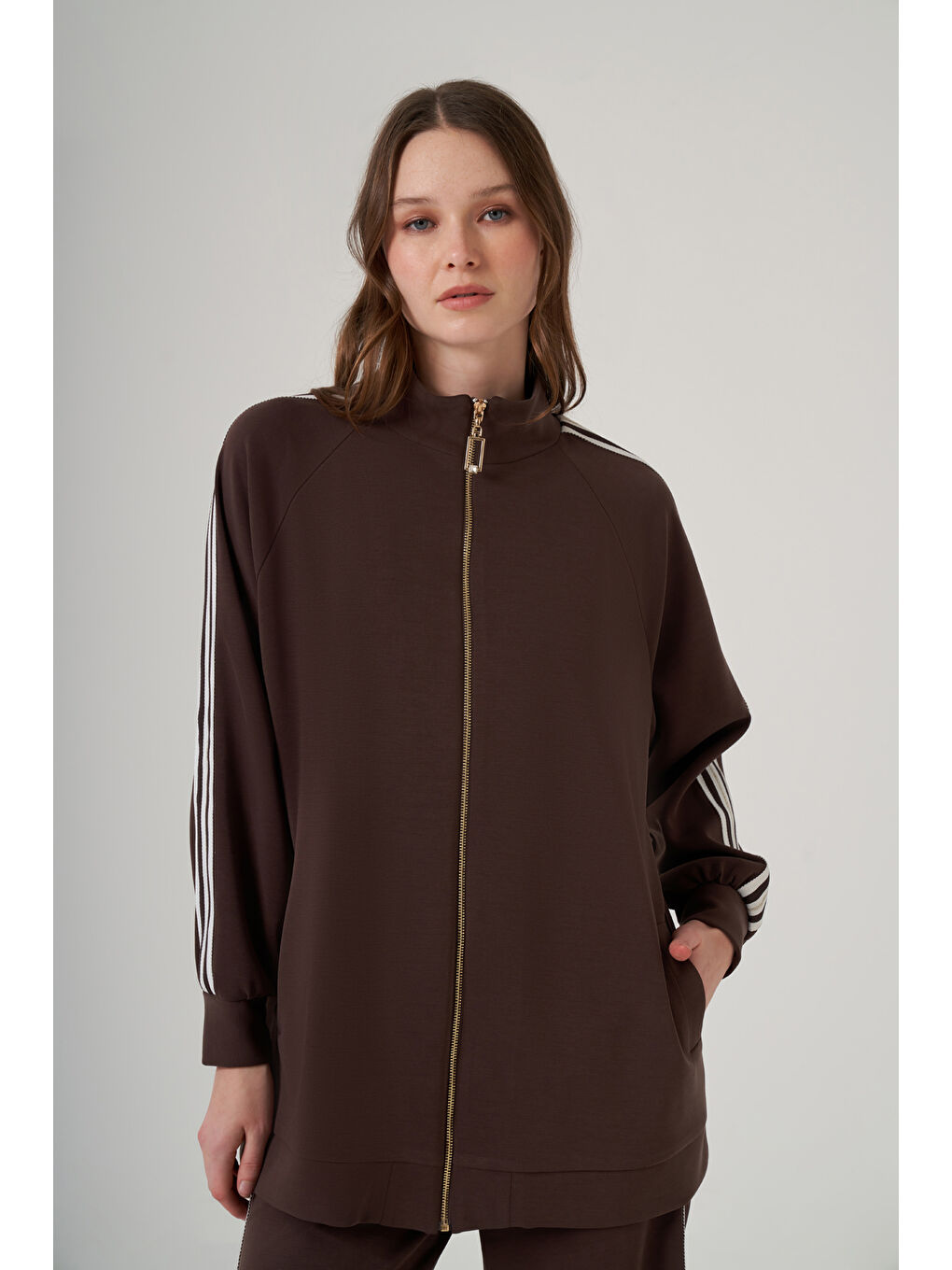 Fermuarı Taş Detaylı Pantolonlu Takım 1092 Kahverengi-1