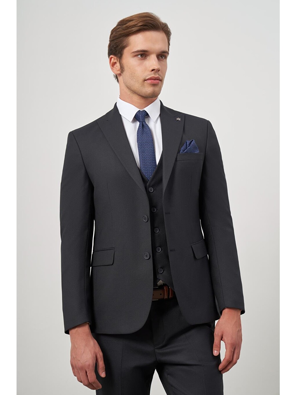 Koyu Lacivert Kılıç Yaka Yelekli 6 Drop Slim Fit Classic Takım Elbise 1001245155-6