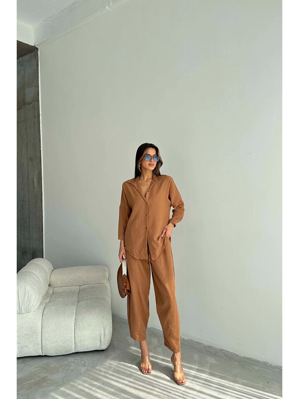 Kahverengi Kadın Taba Keten Gömlek Takım 1018-0241-2