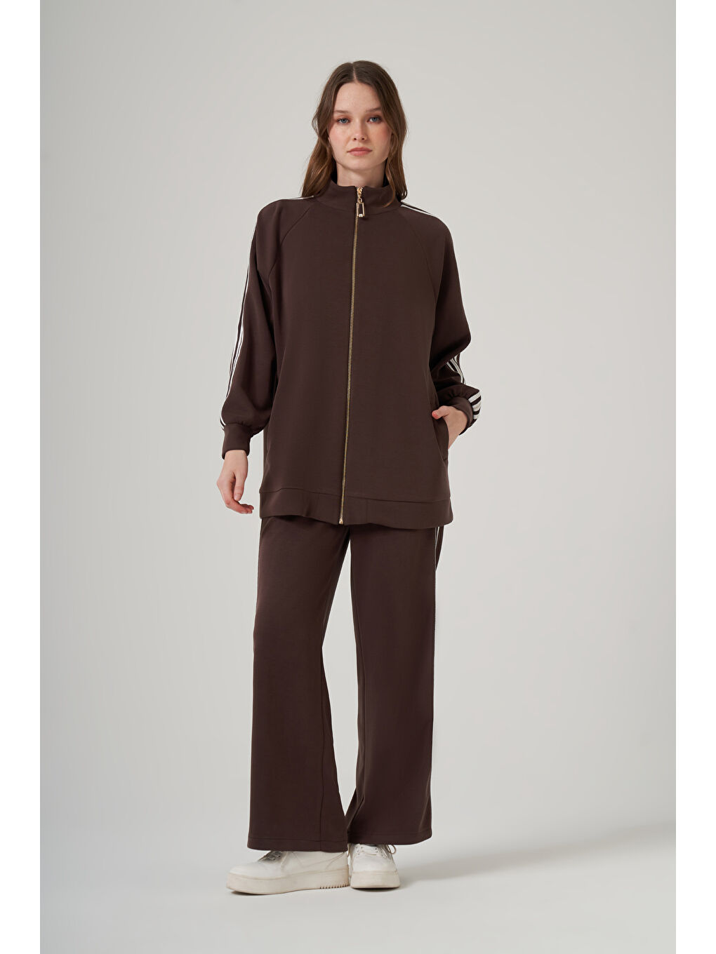 Fermuarı Taş Detaylı Pantolonlu Takım 1092 Kahverengi-2