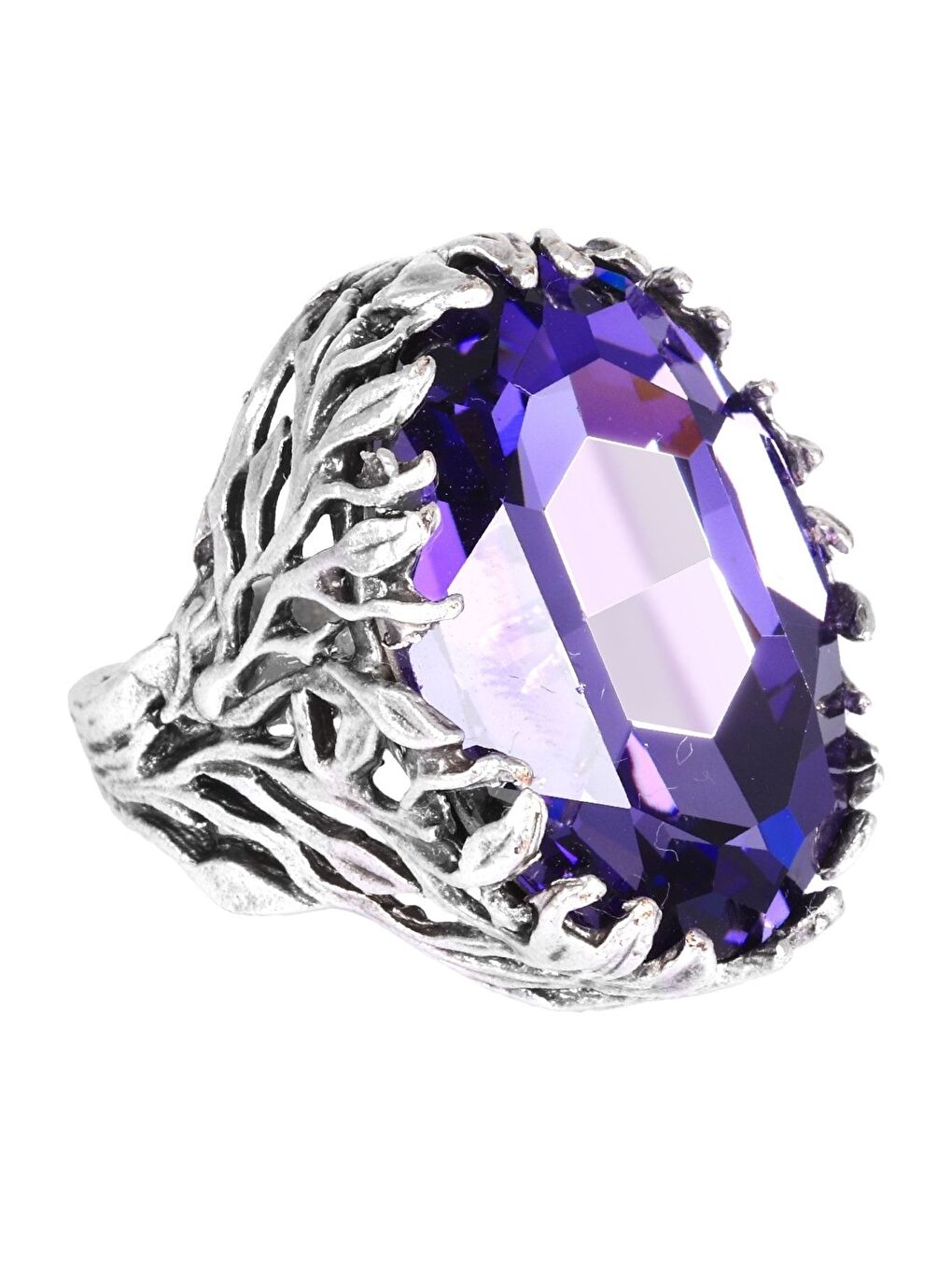 Mor Kadın Antik Gümüş Kaplama Kristal Kesme Taş Detaylı Ayarlanabilir Tasarım Yüzük-1