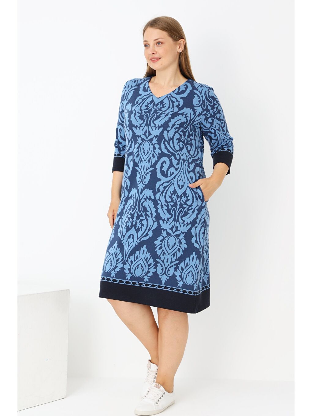 Mavi Kadın Büyük Beden Truvakar Kollu Cepli Elastanlı V Yaka Elbise-2