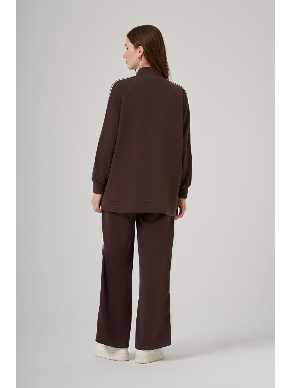 Fermuarı Taş Detaylı Pantolonlu Takım 1092 Kahverengi-3