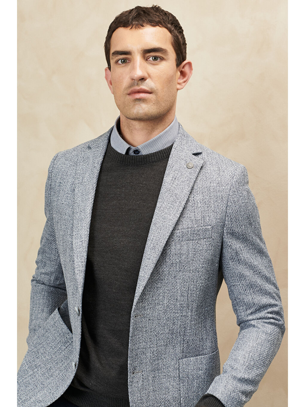 Erkek Antrasit Slim Fit Dar Kesim Mono Yaka Desenli Ceket-2