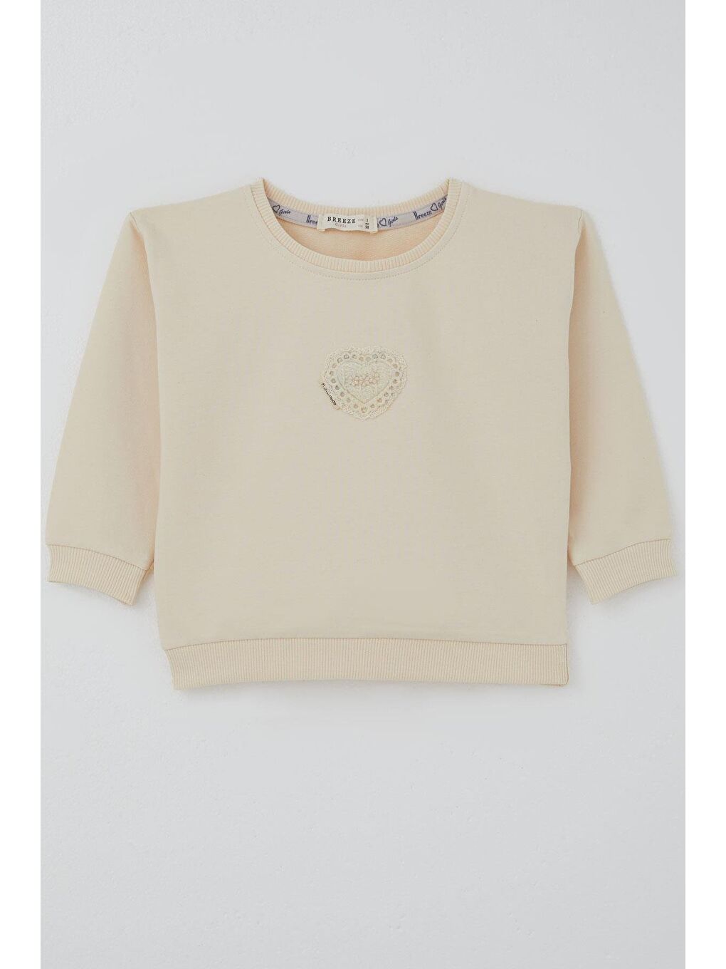 Ekru Kız Çocuk Sweatshirt Güpürlü Kalp Arma Detaylı Krem (2-6 Yaş)-1