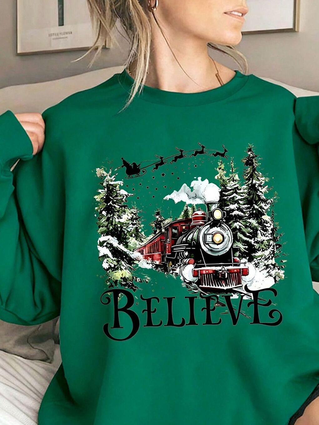 Nefti Yeşil Believe Yılbaşı Baskılı Oversize Bisiklet Yaka Sweatshirt-1