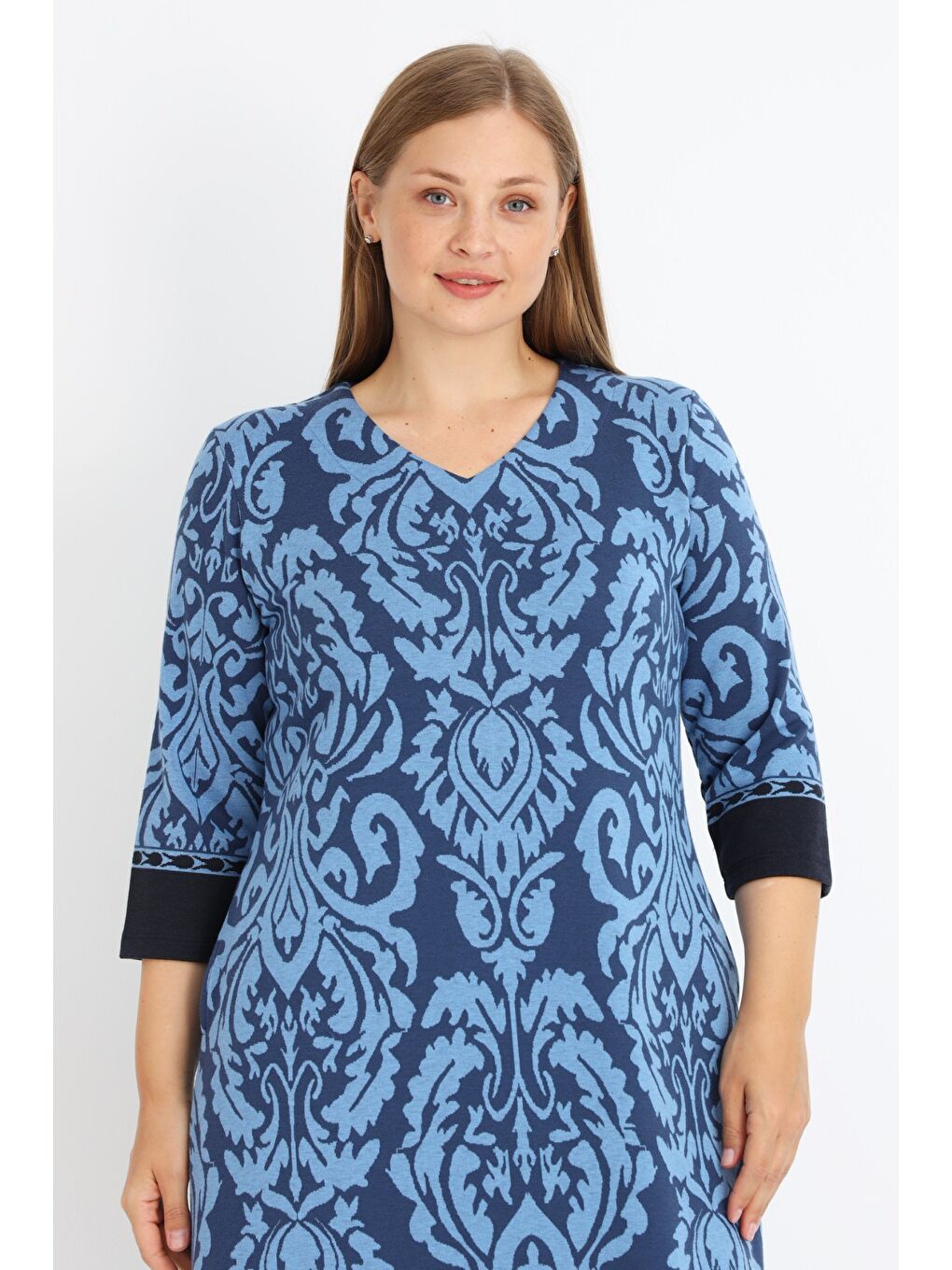 Mavi Kadın Büyük Beden Truvakar Kollu Cepli Elastanlı V Yaka Elbise-3