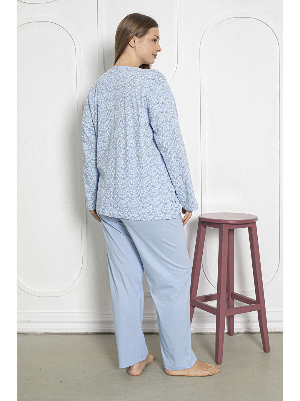 Mavi %100 Pamuklu Uzun Kollu Boydan Düğmeli Büyük Beden Kadın Pijama Takımı 206-3