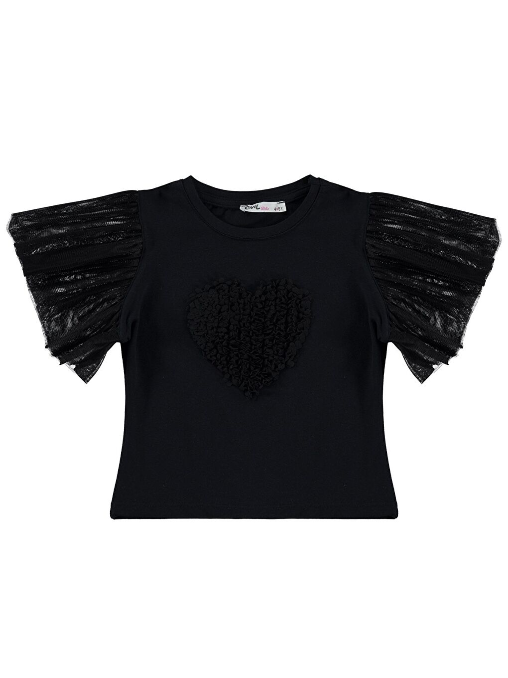 Girls Kolları Tüllü 4-9 Yaş Tişört - Siyah