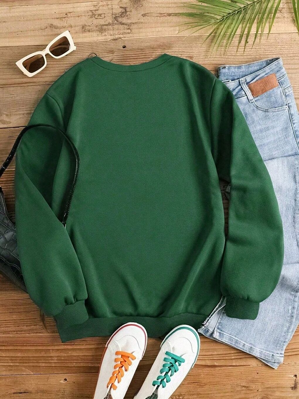 Nefti Yeşil Believe Yılbaşı Baskılı Oversize Bisiklet Yaka Sweatshirt-2