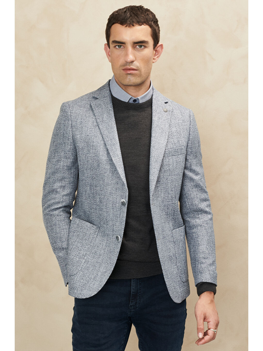 Erkek Antrasit Slim Fit Dar Kesim Mono Yaka Desenli Ceket-3