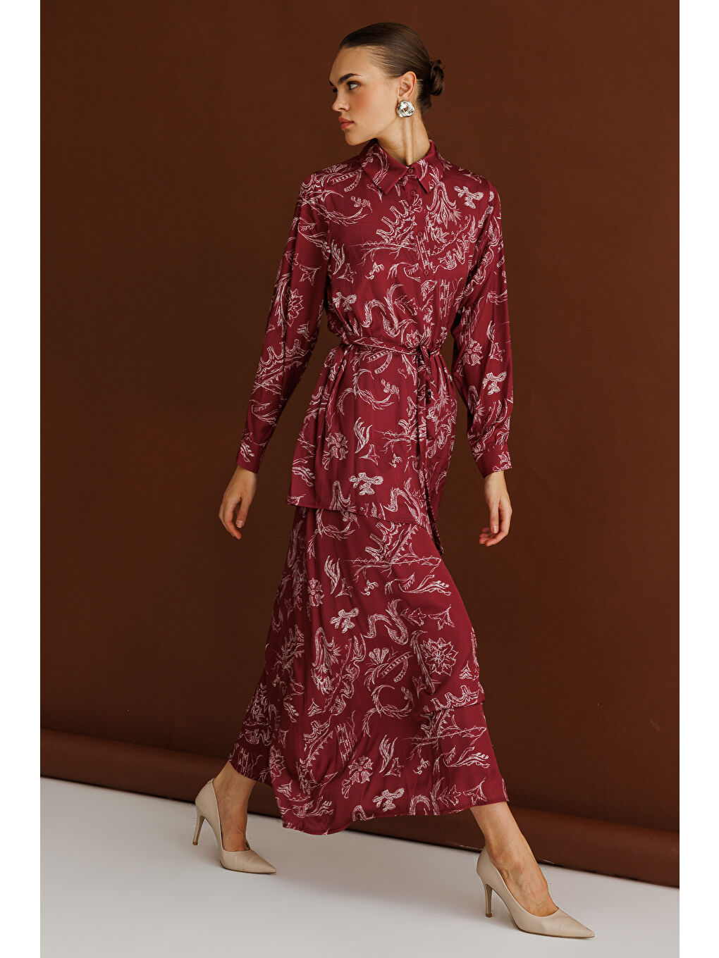 Bordo Desenli Evaze Uzun Saten Etek-1