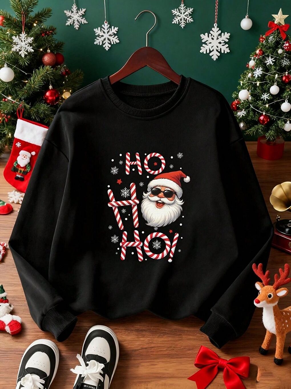 Siyah Ho Yılbaşı Baskılı Oversize Bisiklet Yaka Sweatshirt