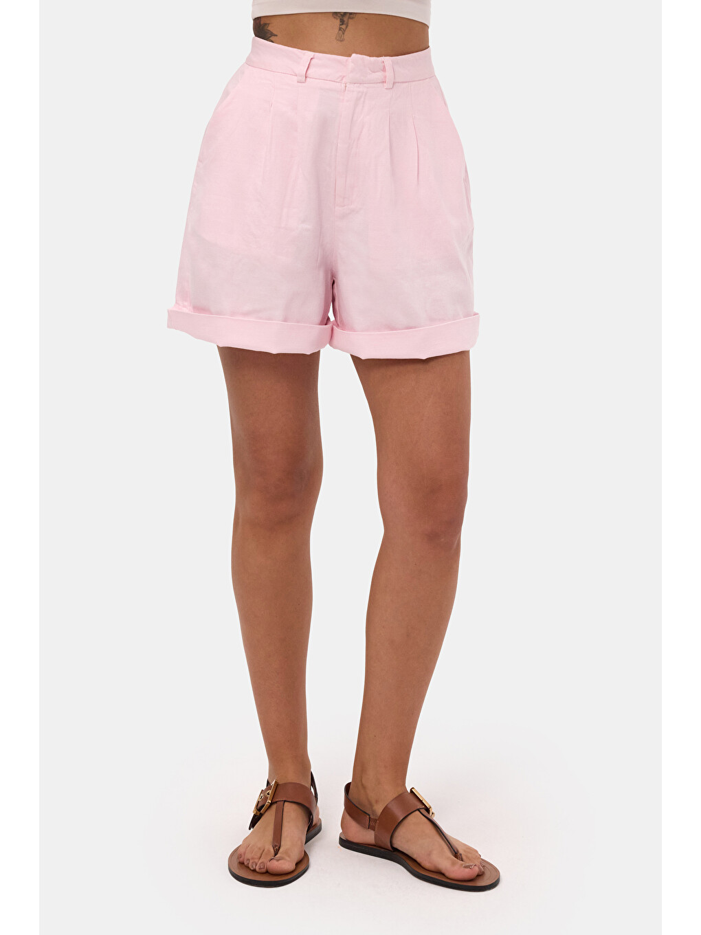 Kadın Pembe 6s6-98 Mom Relax Fit Organik Keten Kumaş Şort