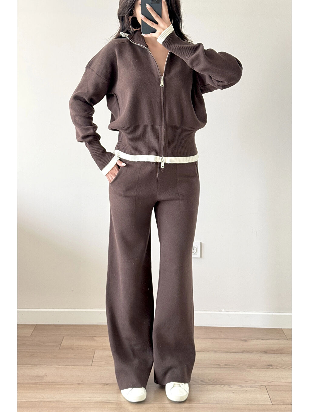 Kahverengi Kadın Kahve Fermuarlı Triko Takım 0999-9508