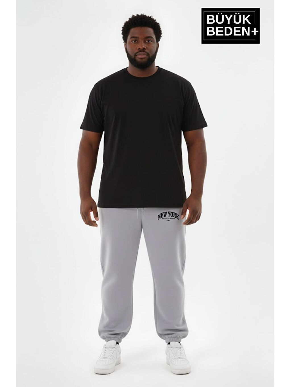 Gri Erkek Büyük Beden New York Baskılı Paça Lastikli Rahat Kesim Jogger İnce Eşofman Altı SPR26BEA951-5