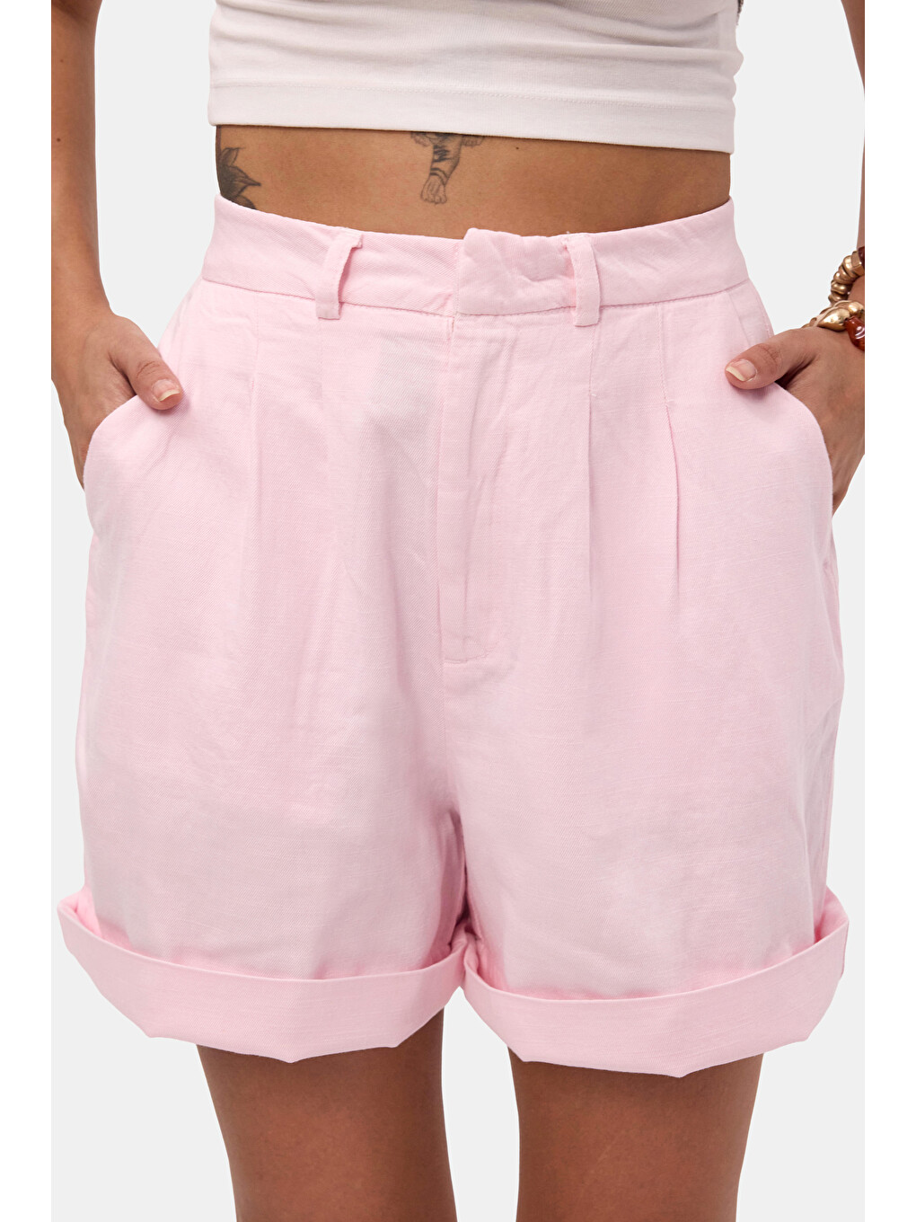 Kadın Pembe 6s6-98 Mom Relax Fit Organik Keten Kumaş Şort-2