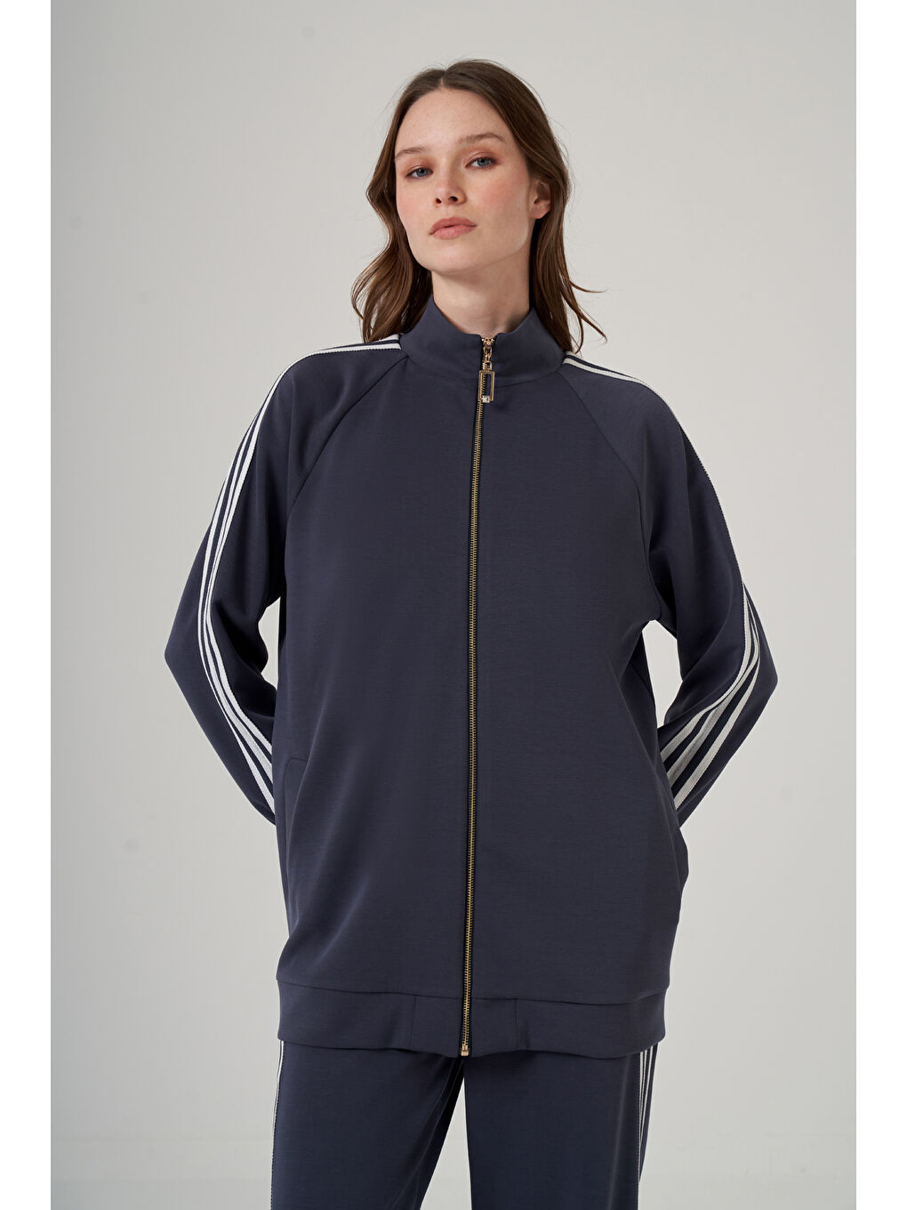 Fermuarı Taş Detaylı Pantolonlu Takım 1092 Lacivert-1