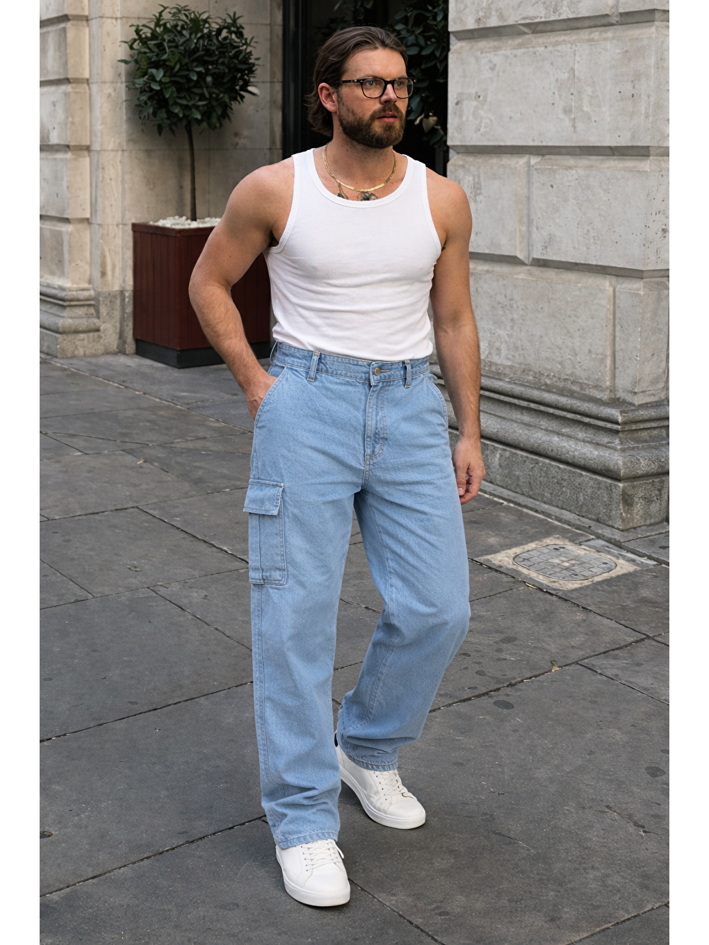 Erkek Günlük Kargo Cep B.Mavi Baggy Pantolon