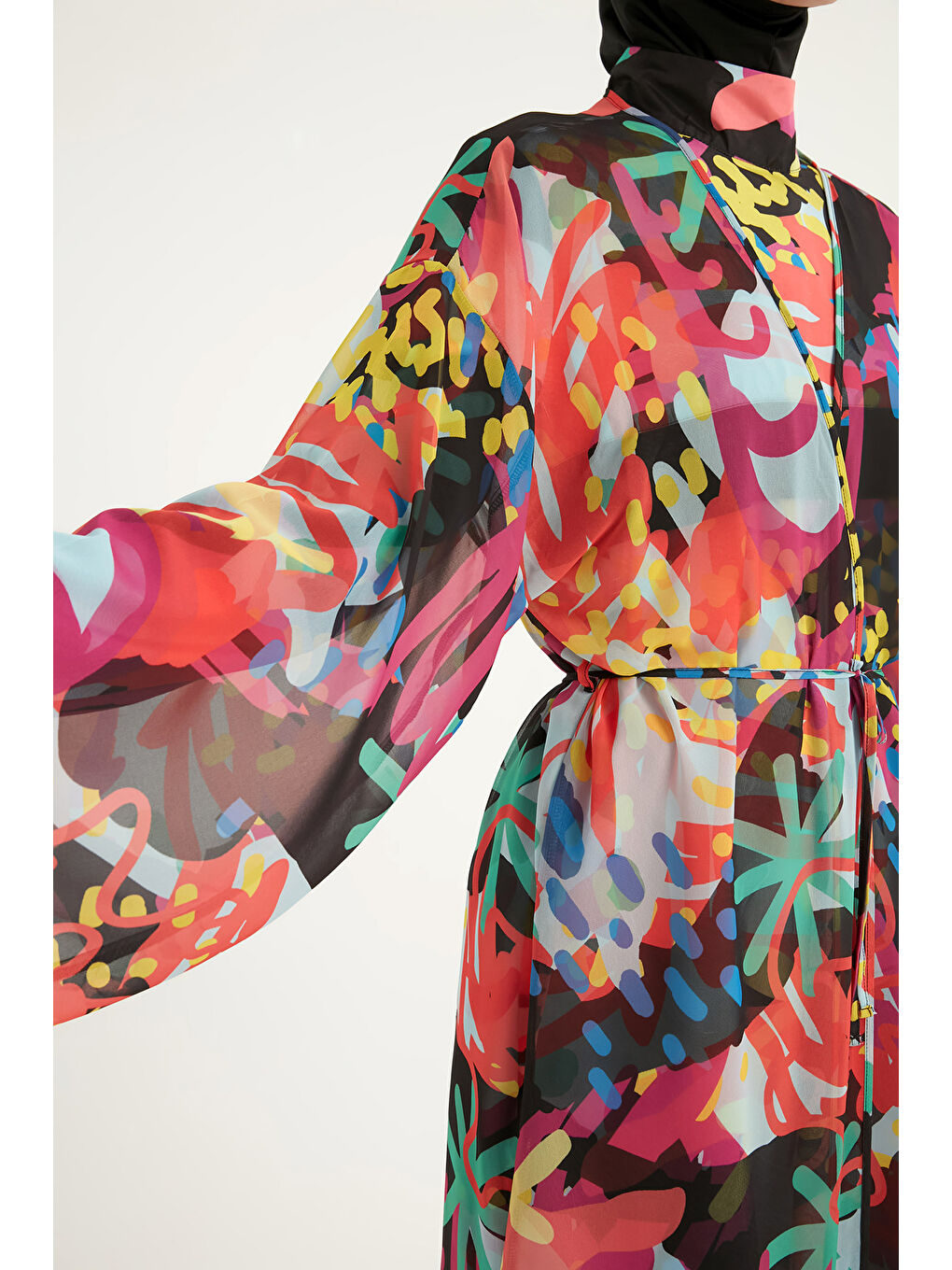 Siyah Renkli Desenli İpeksi Kimono Kaftan RP2510-3