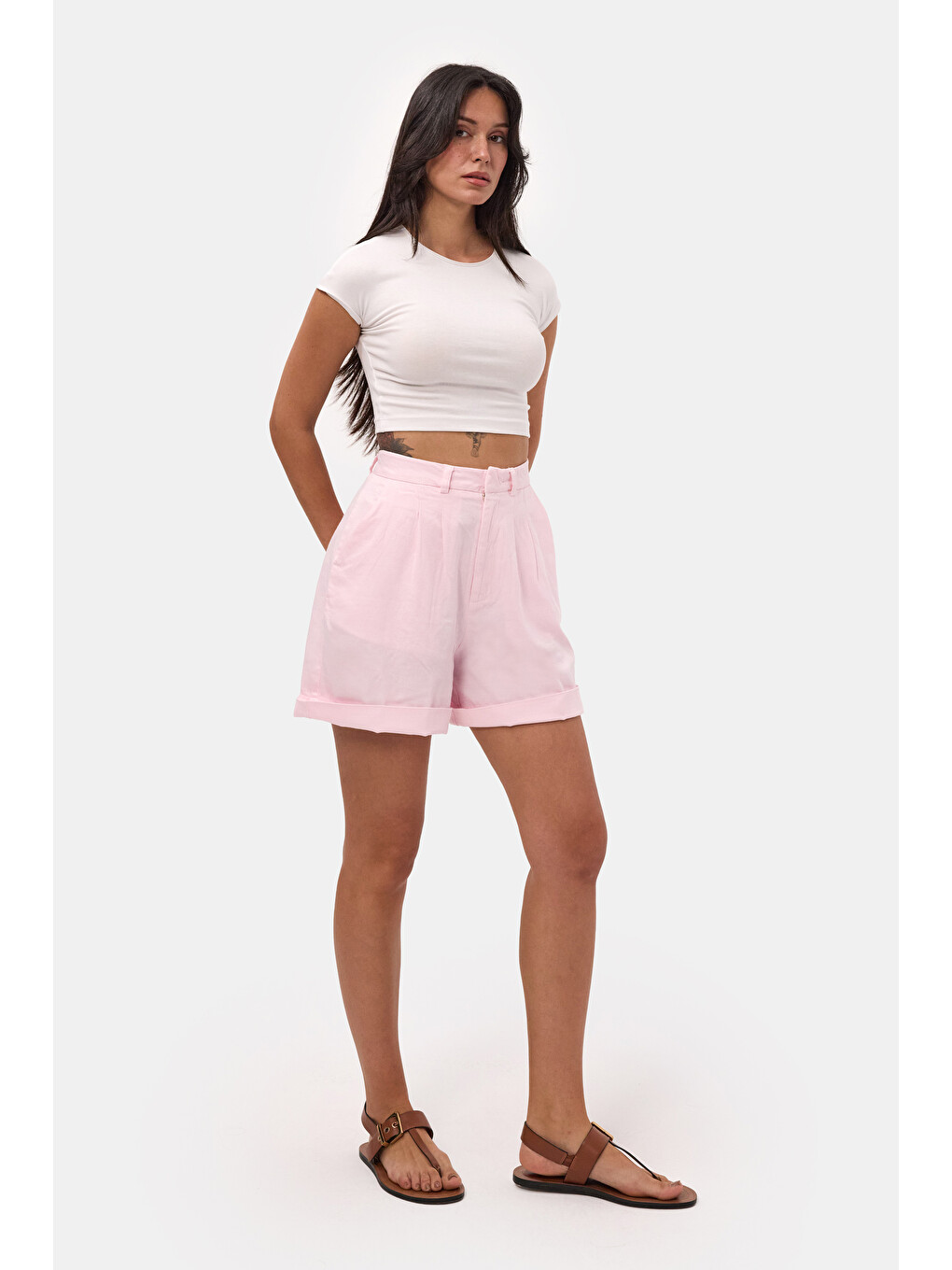 Kadın Pembe 6s6-98 Mom Relax Fit Organik Keten Kumaş Şort-3