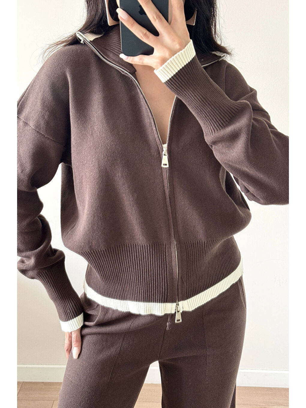 Kahverengi Kadın Kahve Fermuarlı Triko Takım 0999-9508-1