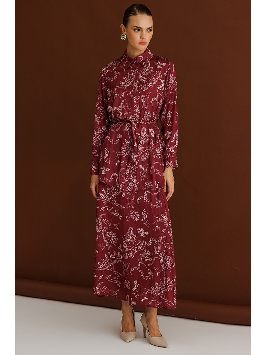 Bordo Desenli Evaze Uzun Saten Etek-3