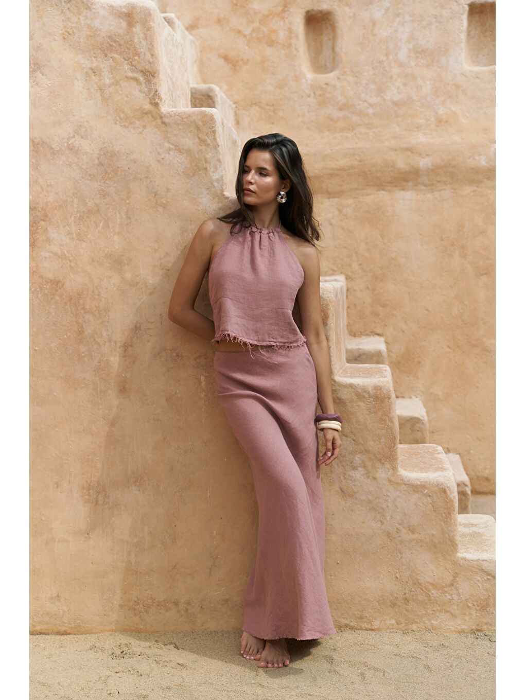 Malmvira Açık Bordo Keten Crop Etek Takım