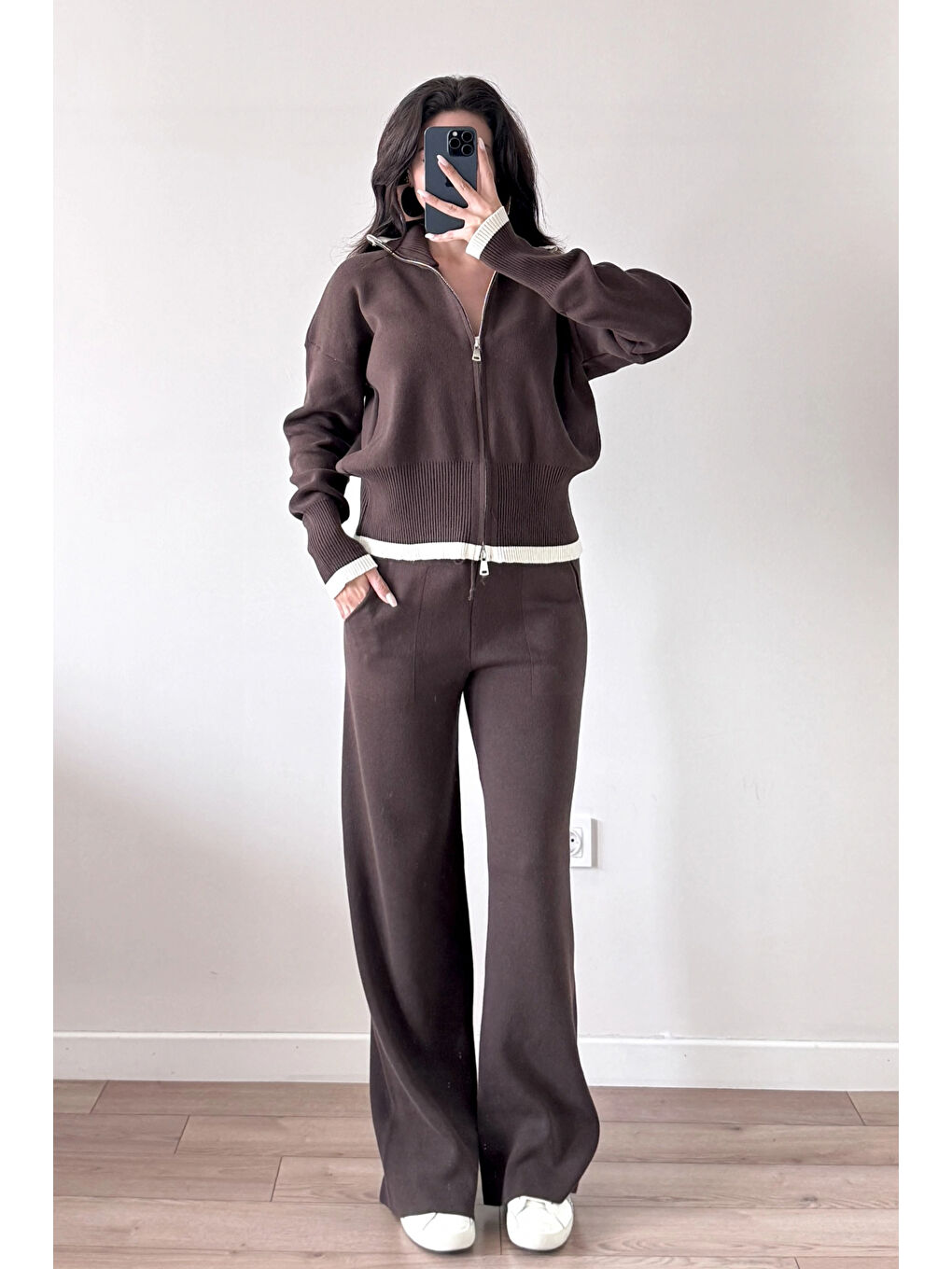 Kahverengi Kadın Kahve Fermuarlı Triko Takım 0999-9508-2