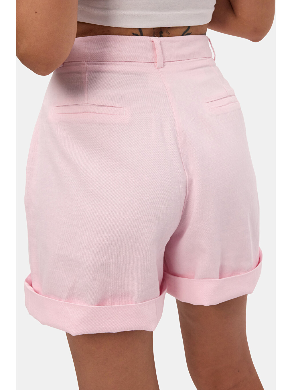 Kadın Pembe 6s6-98 Mom Relax Fit Organik Keten Kumaş Şort-5