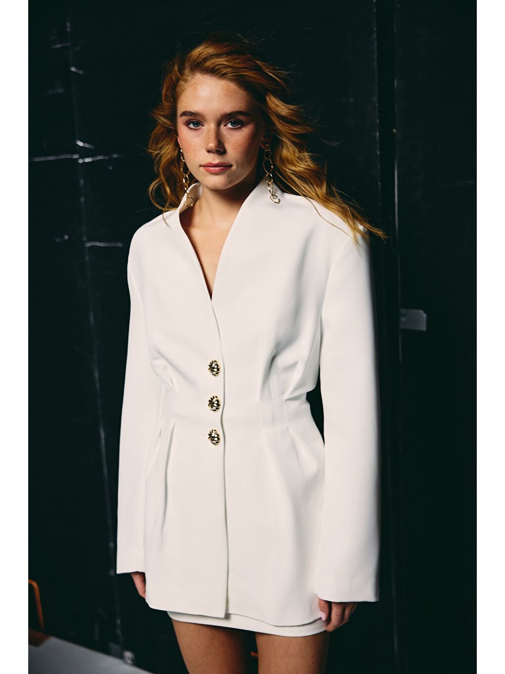 Gold Düğmeli Uzun Ceket - Ekru-1