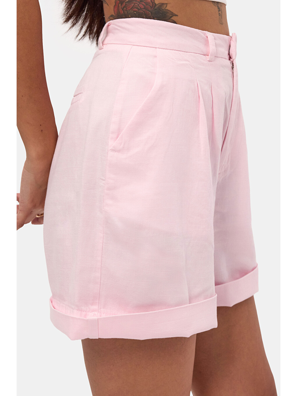 Kadın Pembe 6s6-98 Mom Relax Fit Organik Keten Kumaş Şort-6