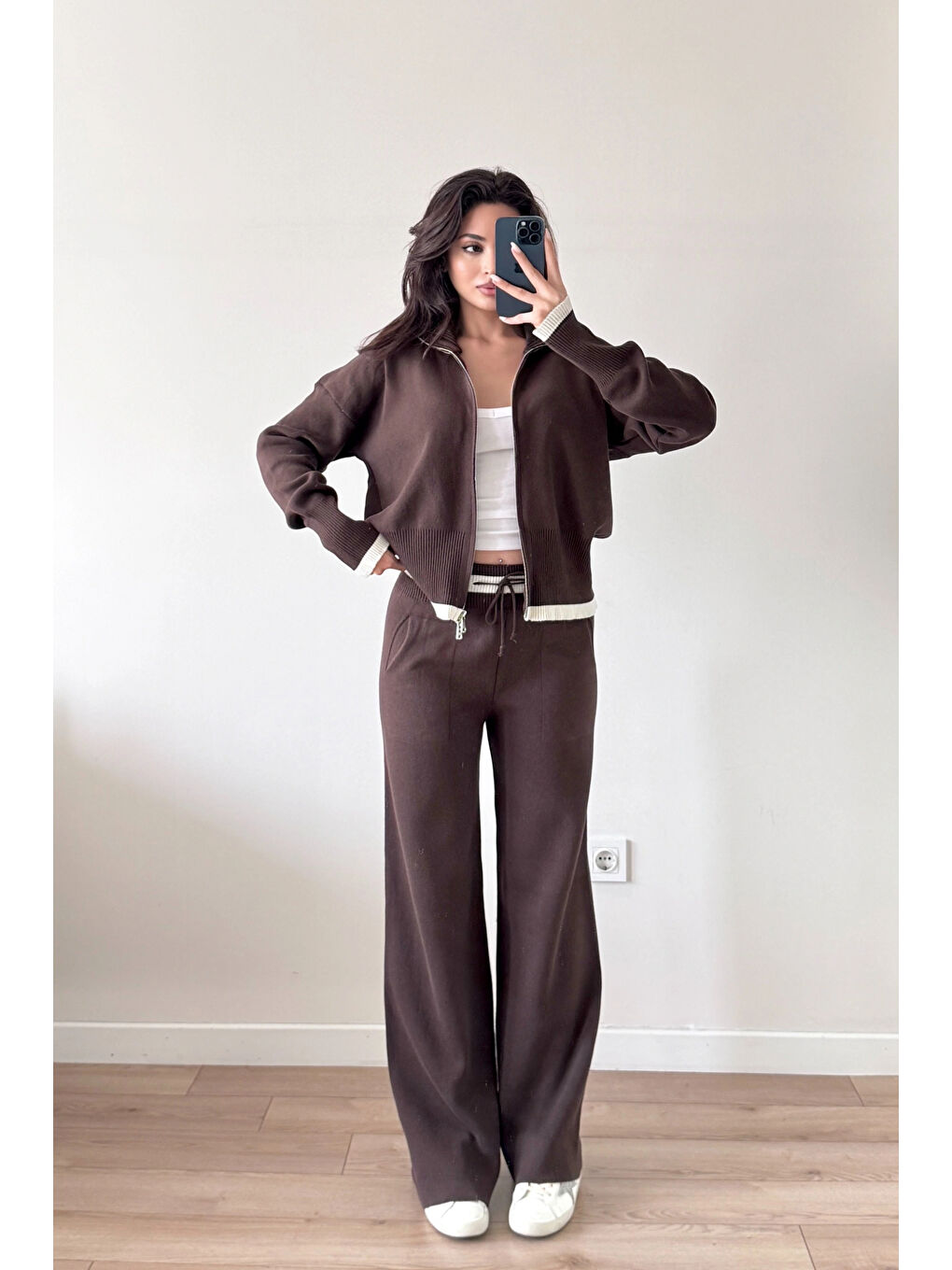 Kahverengi Kadın Kahve Fermuarlı Triko Takım 0999-9508-3