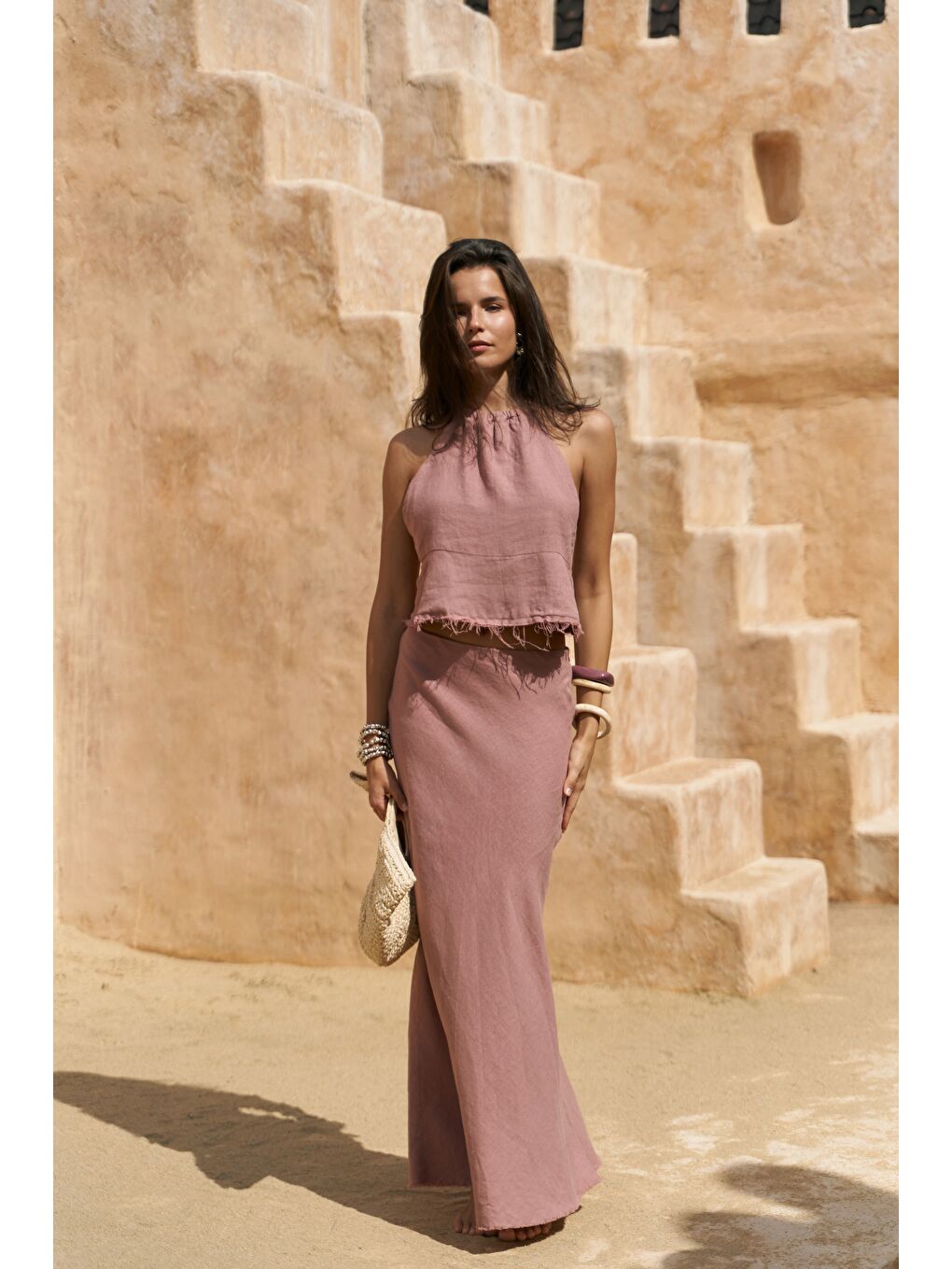 Malmvira Açık Bordo Keten Crop Etek Takım-1