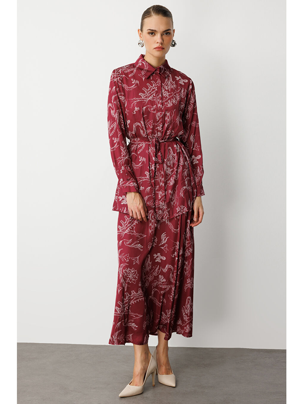 Bordo Desenli Evaze Uzun Saten Etek-4