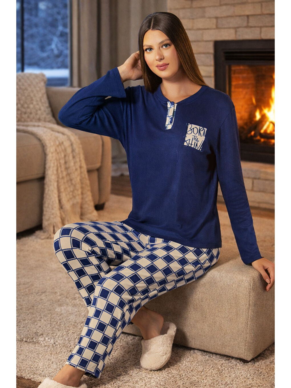 Mavi Kadın Termal Uzun Kol Pijama Takımı 4713 Saks-1