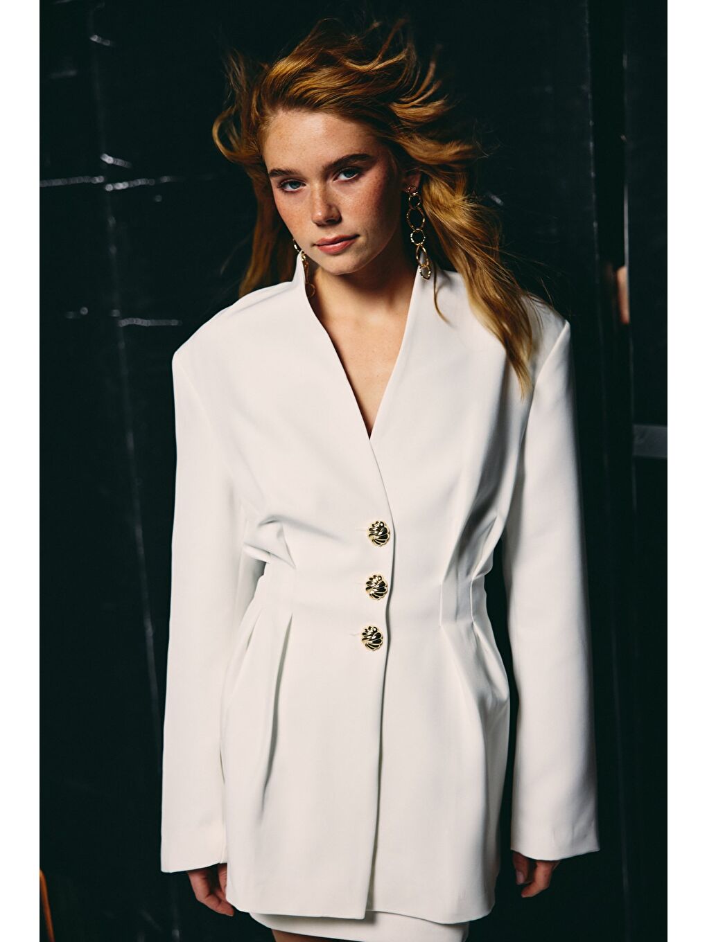 Gold Düğmeli Uzun Ceket - Ekru-2