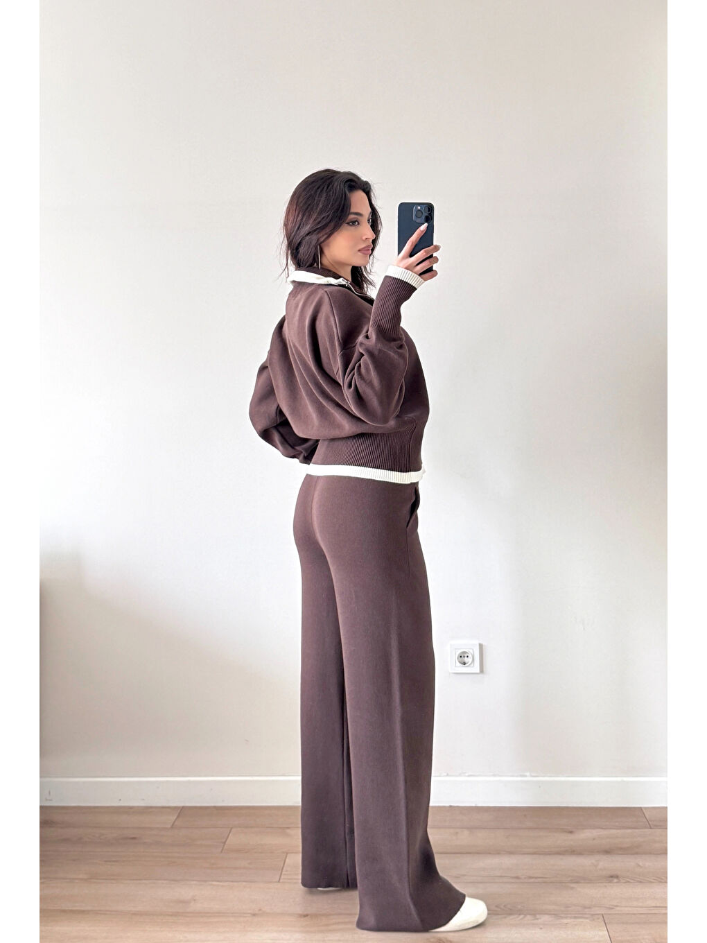 Kahverengi Kadın Kahve Fermuarlı Triko Takım 0999-9508-4