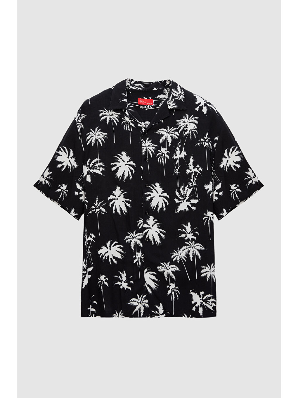 Relaxed Siyah Desenli Palmiye Desenli Kısa Kollu Yazlık Viskon Gömlek-4