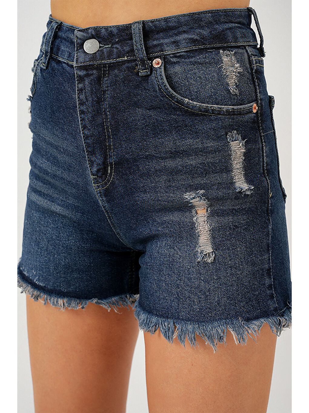 Kadın Püsküllü Jean Şort 5338   Lacivert-1