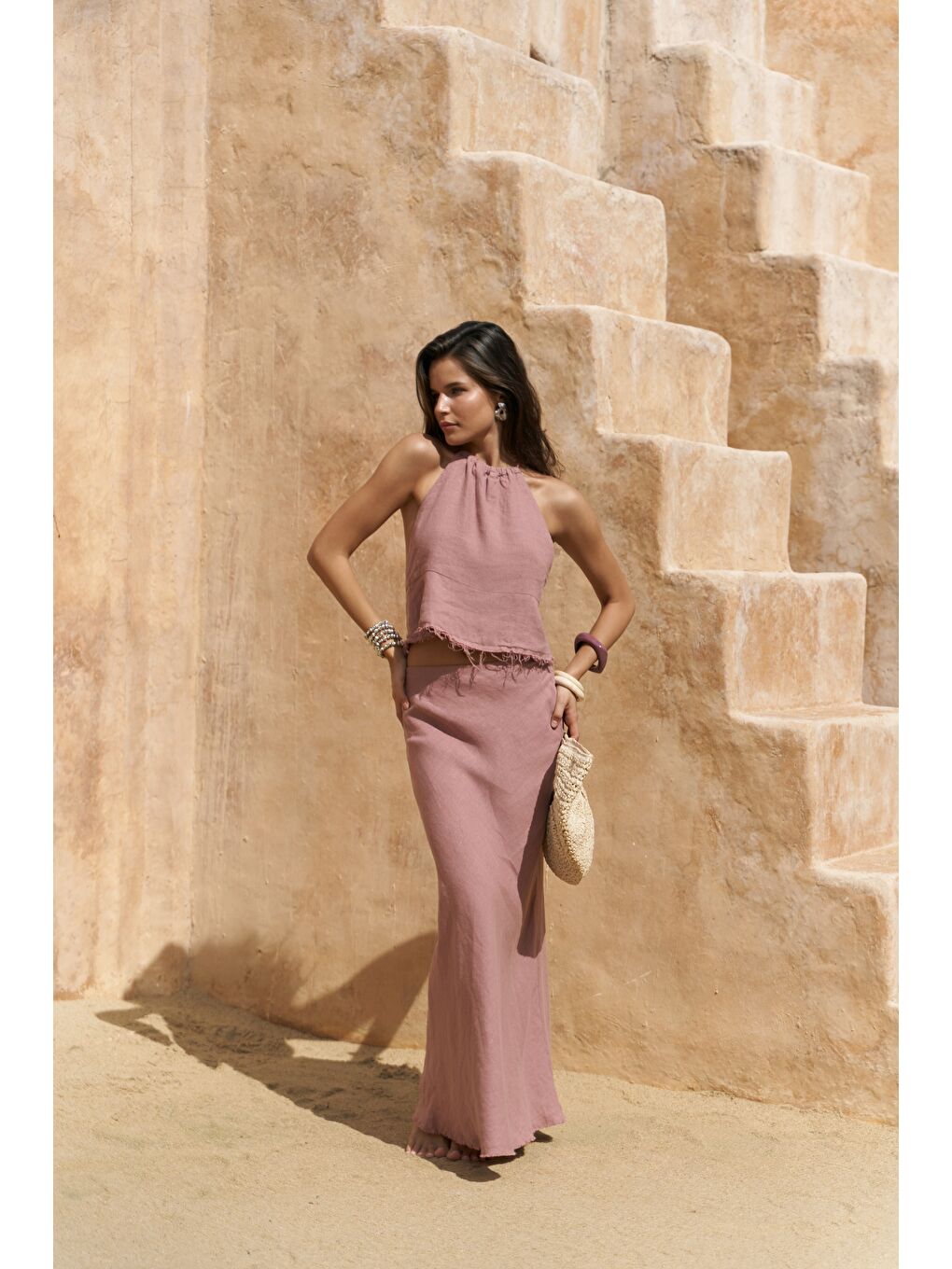 Malmvira Açık Bordo Keten Crop Etek Takım-2