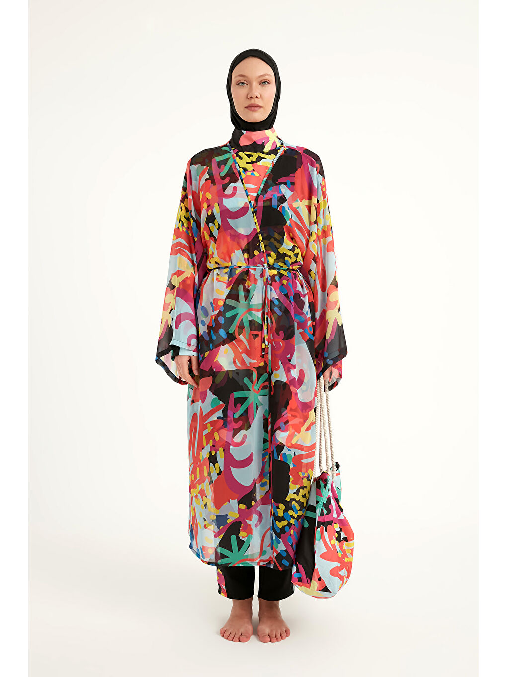 Siyah Renkli Desenli İpeksi Kimono Kaftan RP2510-4