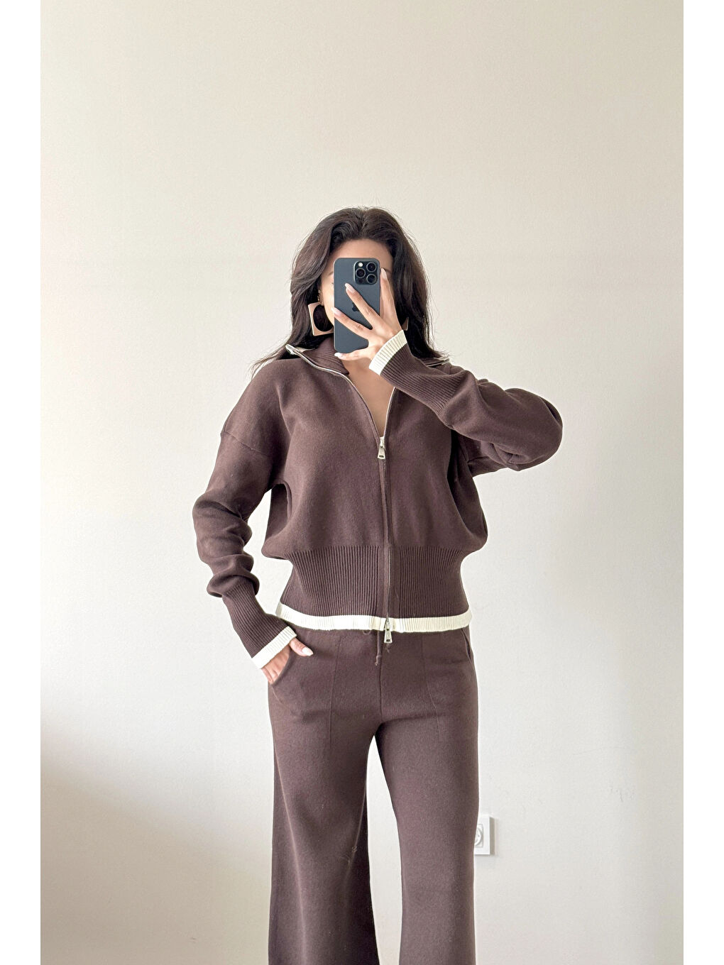 Kahverengi Kadın Kahve Fermuarlı Triko Takım 0999-9508-5