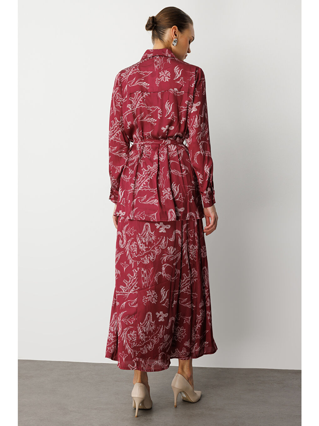 Bordo Desenli Evaze Uzun Saten Etek-5