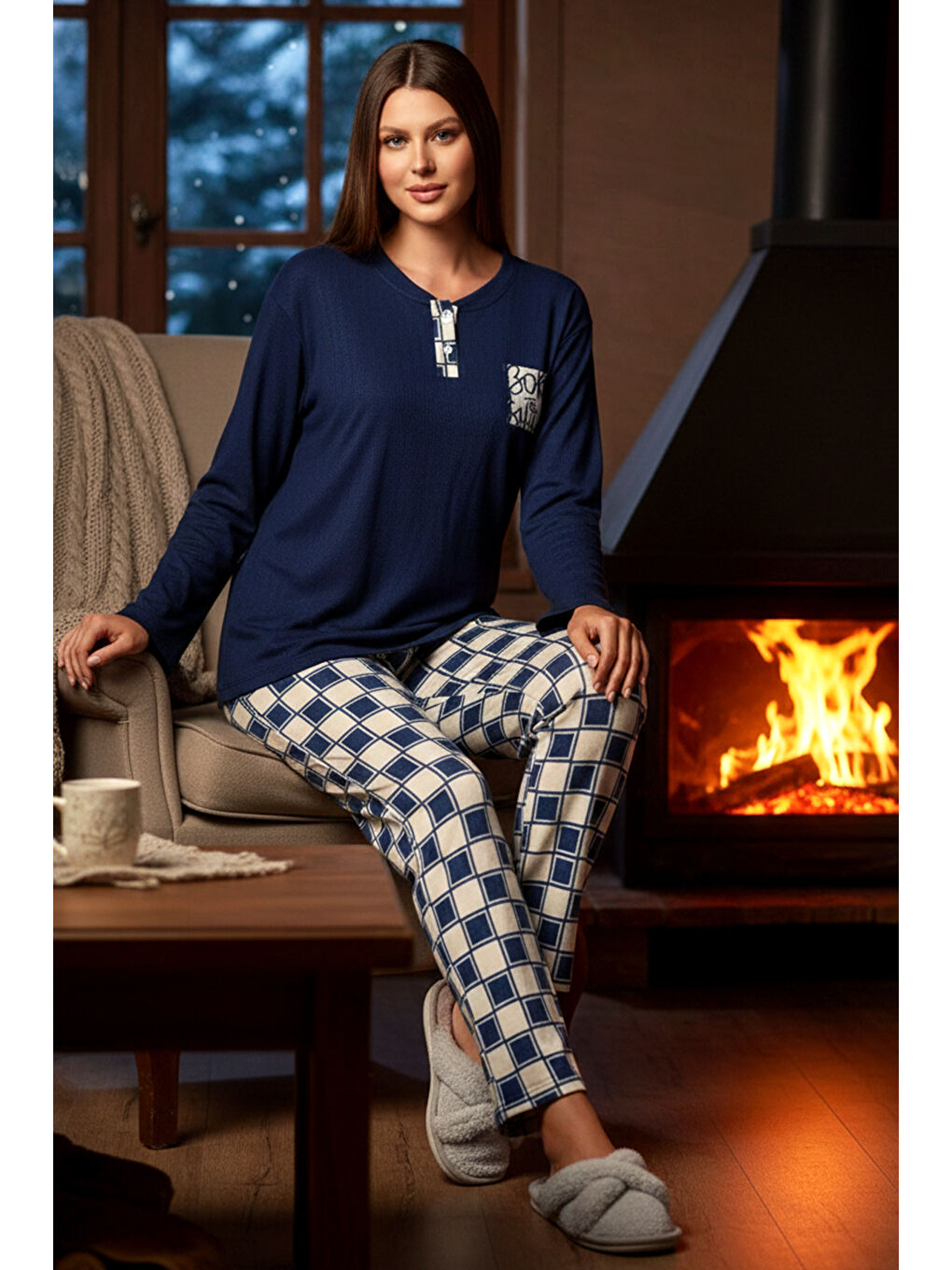 Mavi Kadın Termal Uzun Kol Pijama Takımı 4713 Saks-2