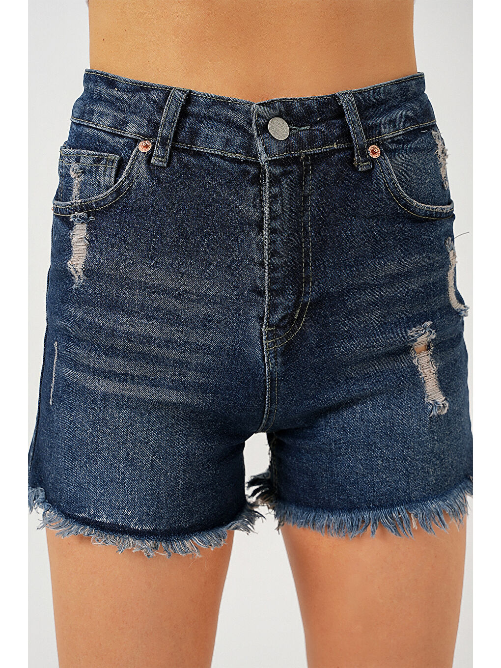 Kadın Püsküllü Jean Şort 5338   Lacivert-4